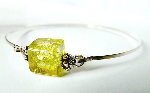 Limoncello Bangle Bracelet By Garden Of England Jewellery, Silver Colour Wristband With A Cubic Glass Bead Combined With Tibetan Silver Spacers