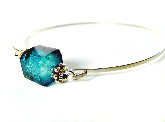 Ocean Bangle Bracelet By Garden Of England Jewellery, Silver Colour Wristband With A Cubic Glass Bead Combined With Tibetan Silver Spacers
