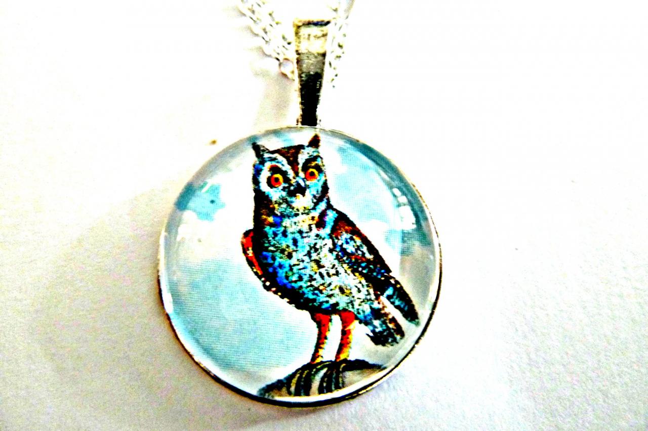 Witty Owl Necklace - Glass Cabochon Necklace - Handmade