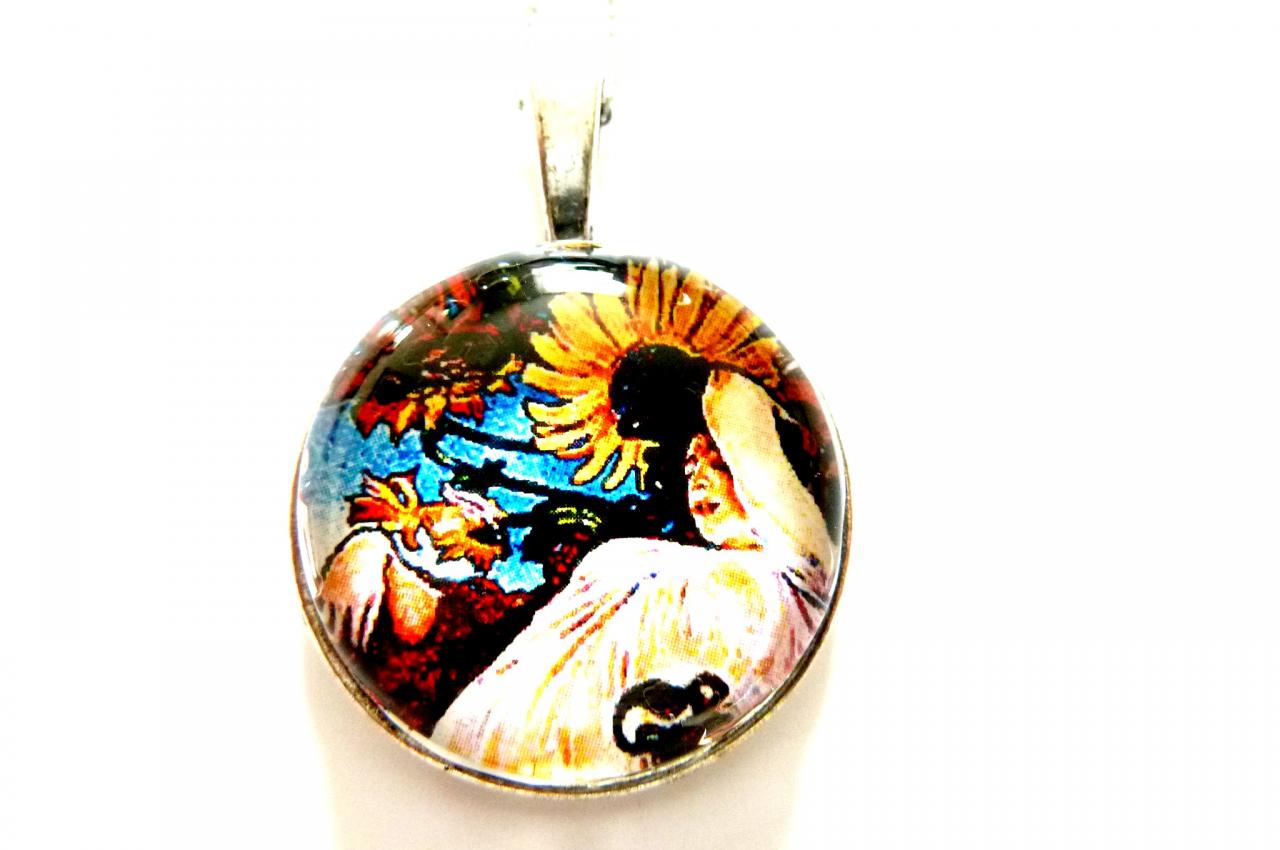 Art Nouveau Vintage Lady Sonia Necklace Made With A Glass Cabochon And Tibetan Silver Bezel, Handmade