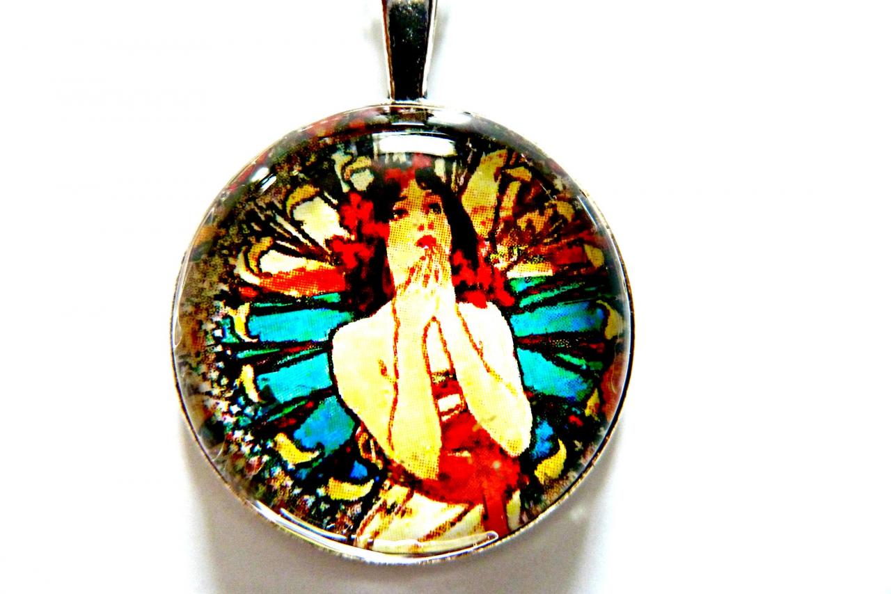 Art Nouveau Vintage Lady Millie Necklace Made With A Glass Cabochon And Tibetan Silver Bezel, Handmade