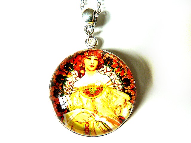 Art Nouveau Vintage Lady Linda Necklace Made With A Glass Cabochon And Tibetan Silver Bezel, Handmade