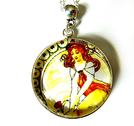 Art Nouveau Vintage Lady Ida Necklace Made With A Glass Cabochon And Tibetan Silver Bezel, Handmade