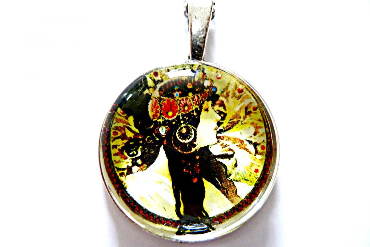 Art Nouveau Vintage Lady Hilda Necklace Made With A Glass Cabochon And Tibetan Silver Bezel, Handmade