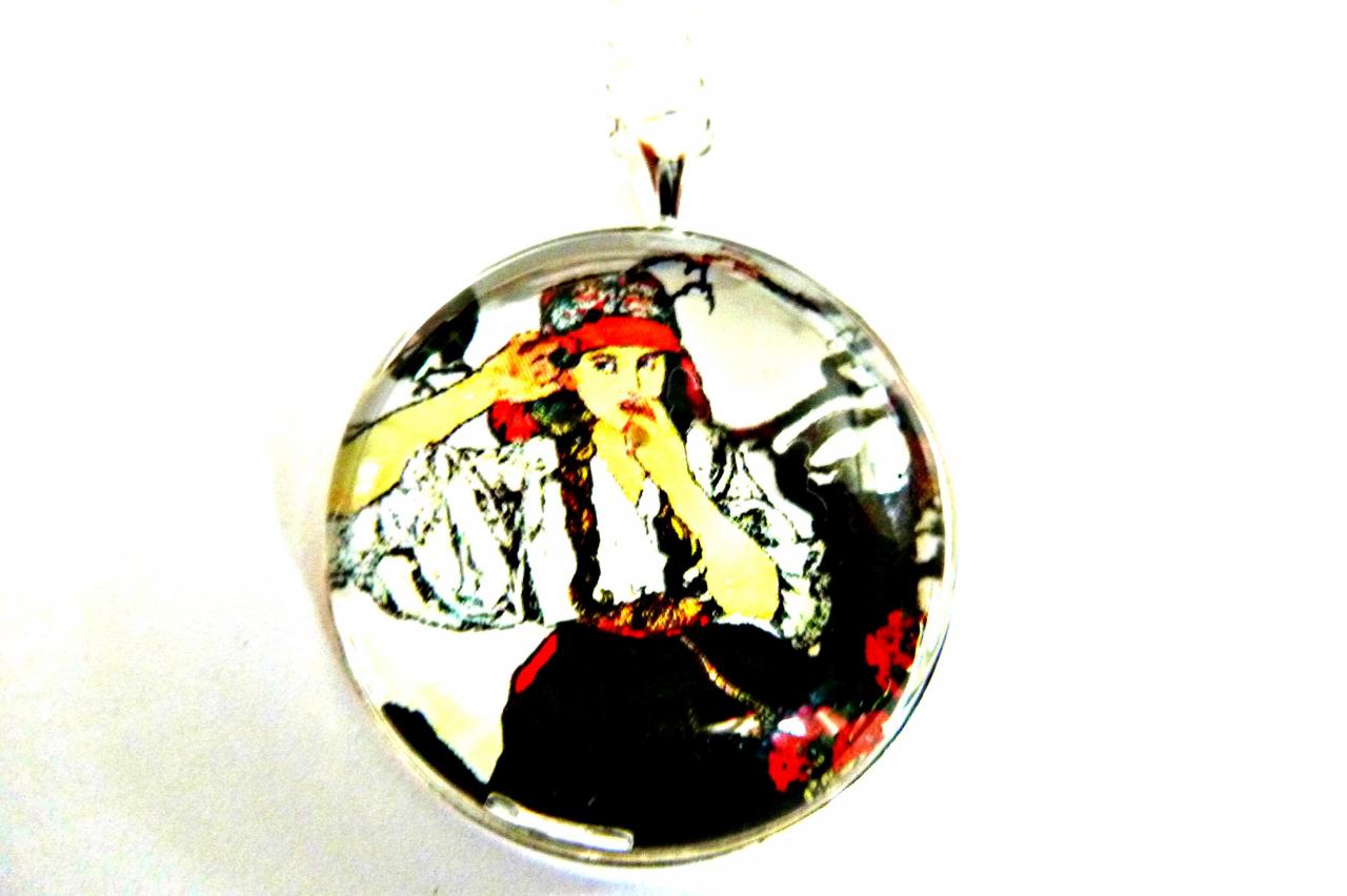 Art Nouveau Vintage Lady Gina Necklace Made With A Glass Cabochon And Tibetan Silver Bezel, Handmade