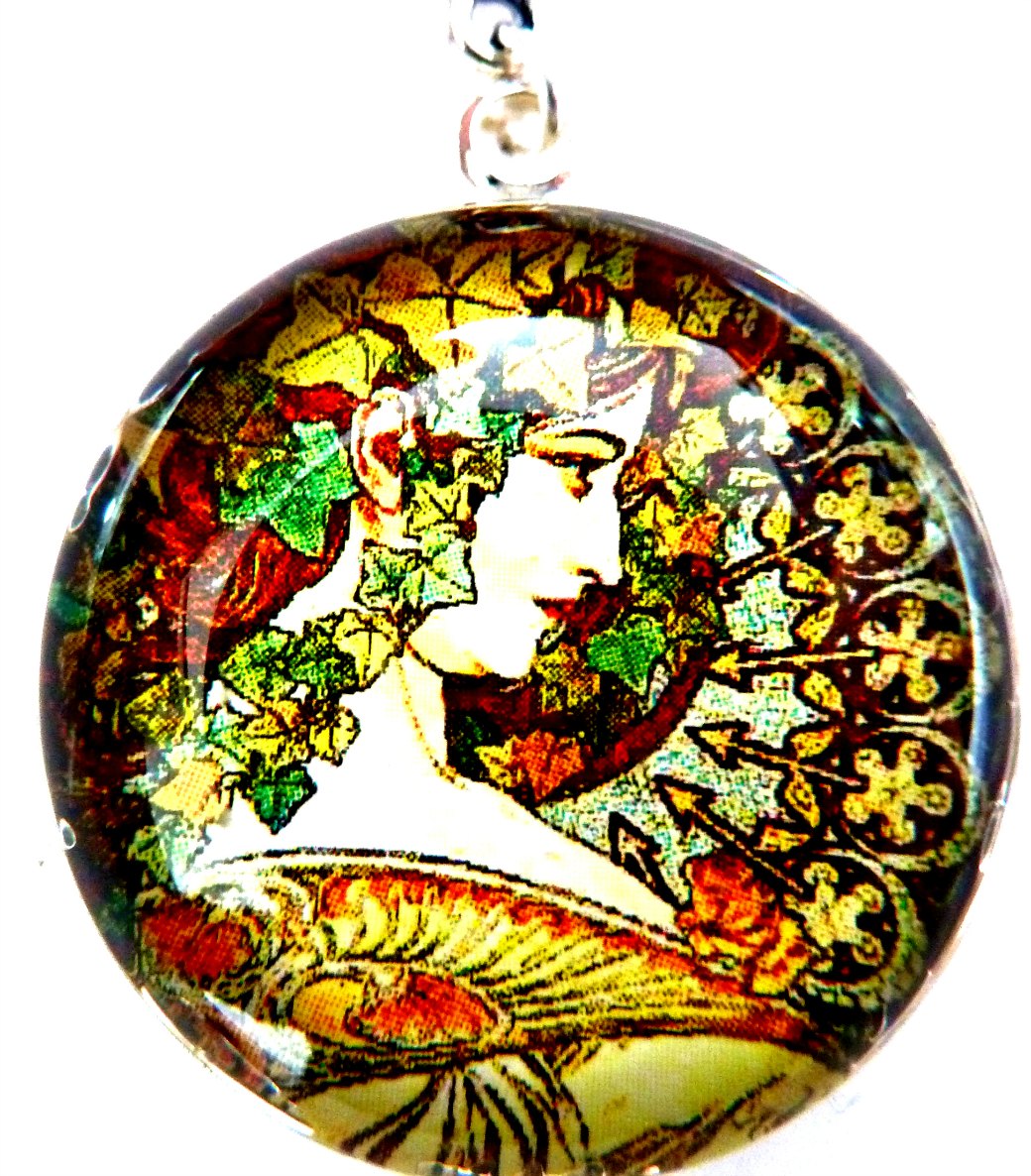Art Nouveau Vintage Lady Gerda Necklace Made With A Glass Cabochon And Tibetan Silver Bezel, Handmade