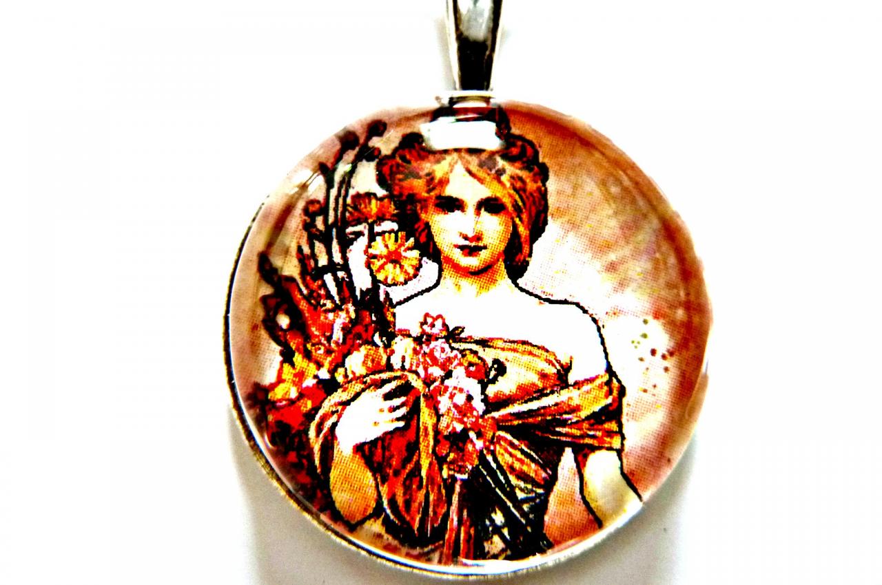 Art Nouveau Vintage Lady Frida Necklace Made With A Glass Cabochon And Tibetan Silver Bezel, Handmade