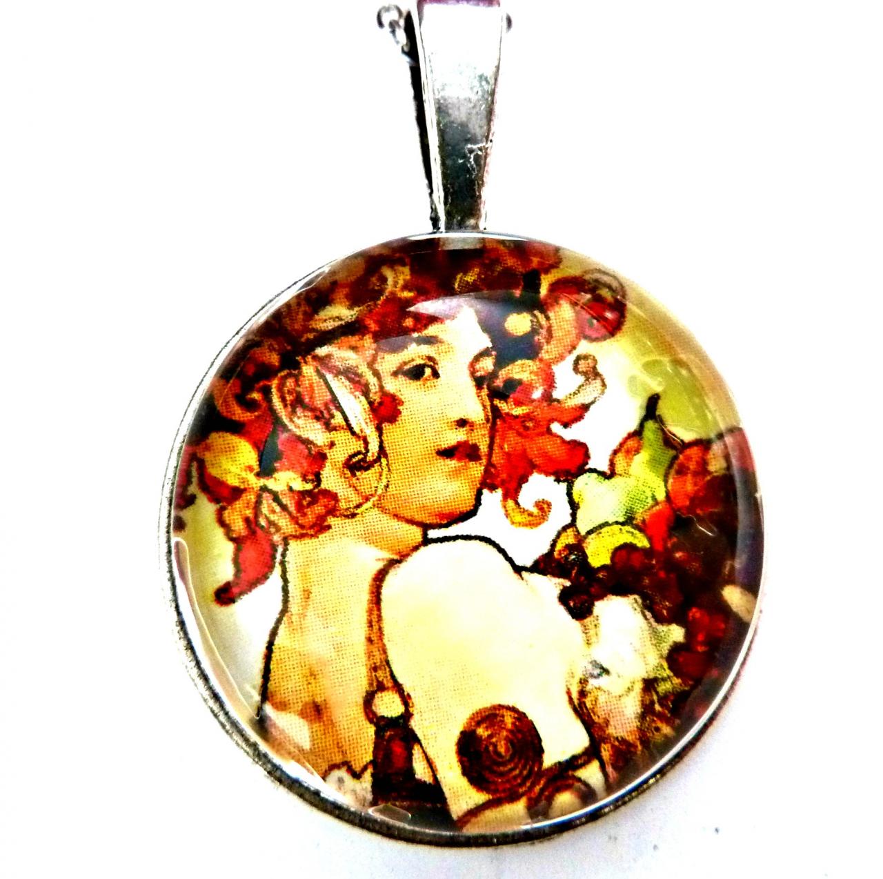 Art Nouveau Vintage Lady Ada Necklace Made With A Glass Cabochon And Tibetan Silver Bezel, Handmade