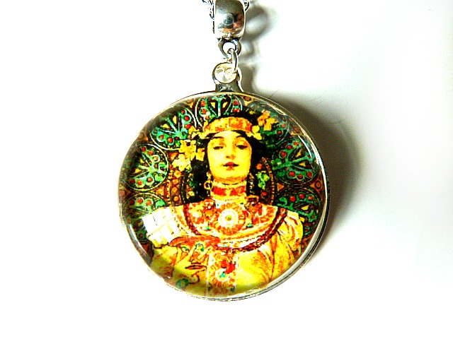 Art Nouveau Vintage Lady Tricia Necklace Made With A Glass Cabochon And Tibetan Silver Bezel, Handmade