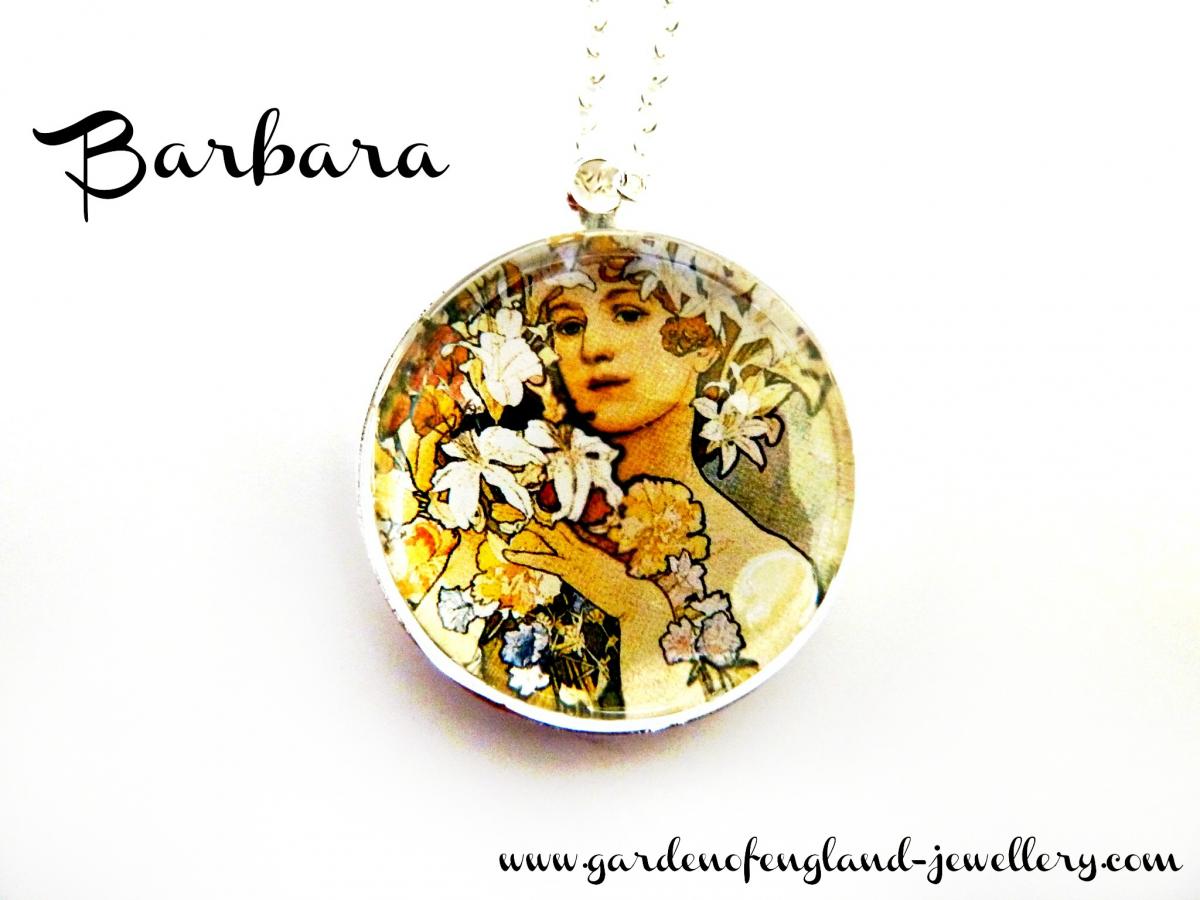 Art Nouveau Vintage Lady Barbara Necklace Made With A Glass Cabochon And Tibetan Silver Bezel, Handmade
