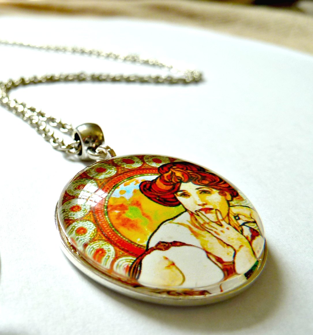 Art Nouveau Vintage Lady Greta Necklace Made With A Glass Cabochon And Tibetan Silver Bezel, Handmade