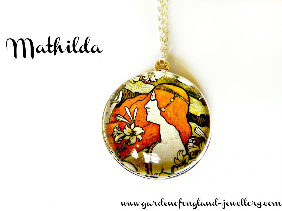 Art Nouveau Vintage Lady Mathilda Necklace Made With A Glass Cabochon And Tibetan Silver Bezel, Handmade